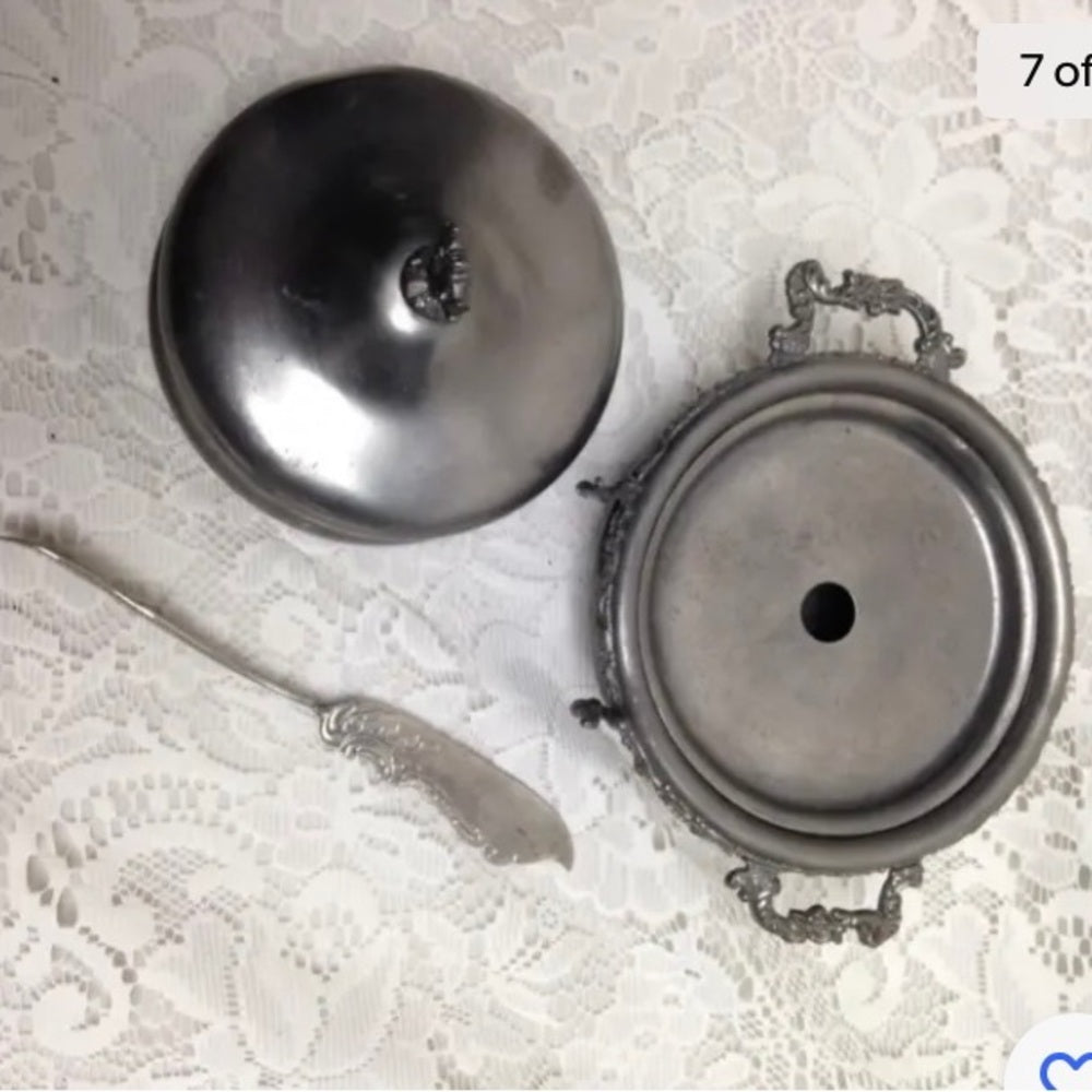 Antique, Colonial Silver Co., 4pc Quadruple Silver-plated Butter Bowl with Knif