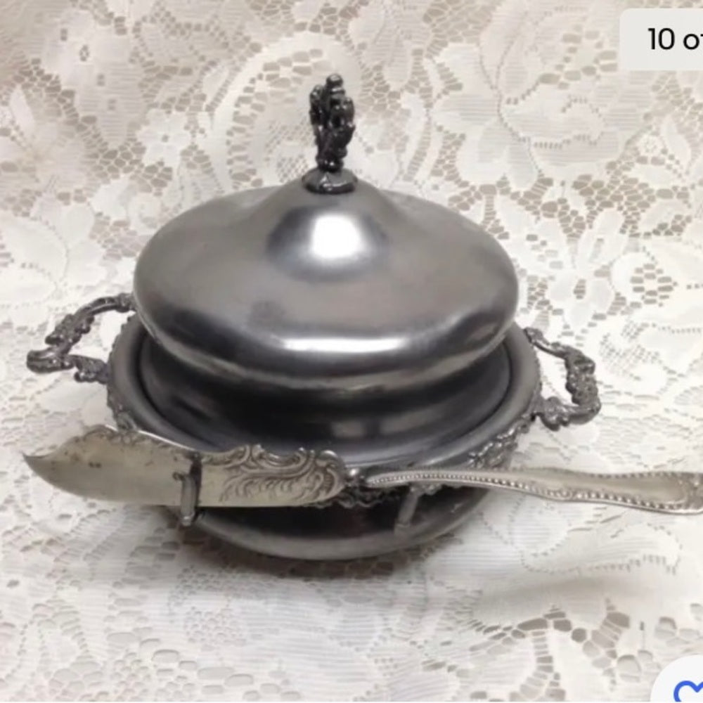 Antique, Colonial Silver Co., 4pc Quadruple Silver-plated Butter Bowl with Knif