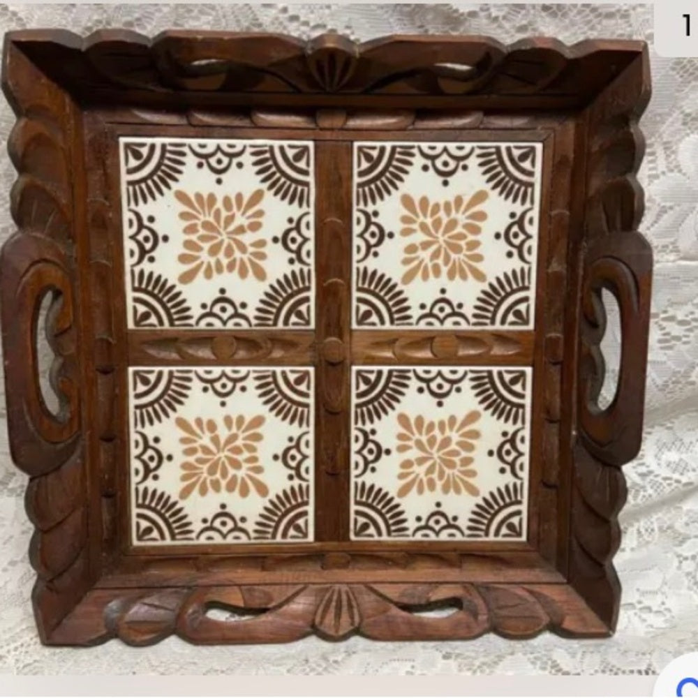 Rare, Handcrafted Heavy Tiled Serving Tray 14in L x 13in W