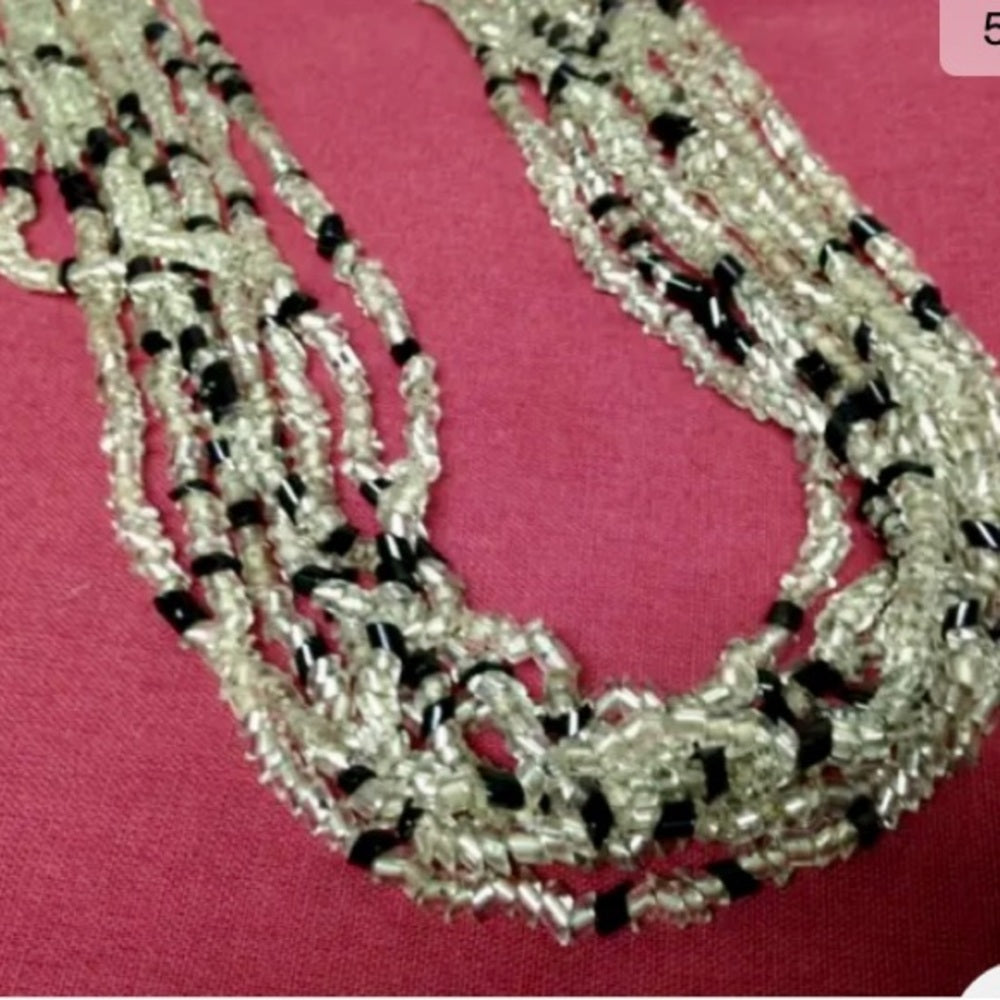Vintage, Multi-layer, 8-Strands, 19-inch Black n Clear Glass Beaded Necklace (k