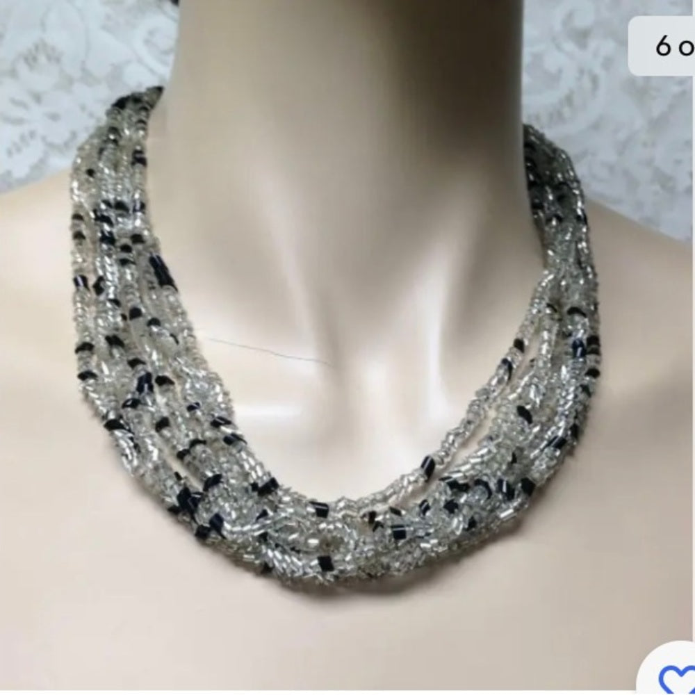 Vintage, Multi-layer, 8-Strands, 19-inch Black n Clear Glass Beaded Necklace (k