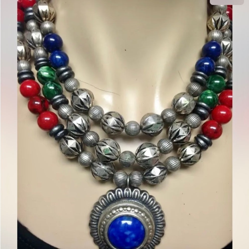 Vintage, Multi-Layer 3-Strands, Red, Blue, Green, Silver Beaded 16-inch Necklace