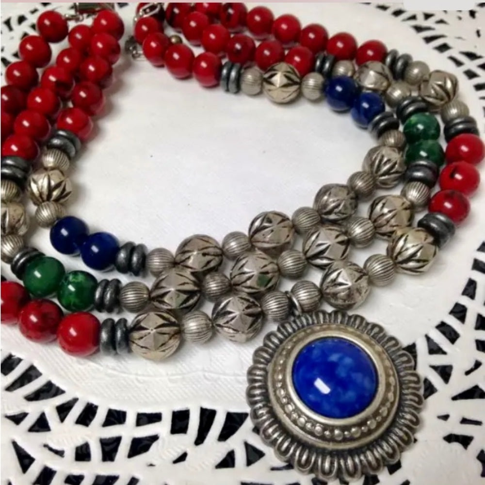 Vintage, Multi-Layer 3-Strands, Red, Blue, Green, Silver Beaded 16-inch Necklace