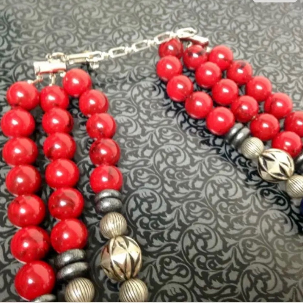 Vintage, Multi-Layer 3-Strands, Red, Blue, Green, Silver Beaded 16-inch Necklace