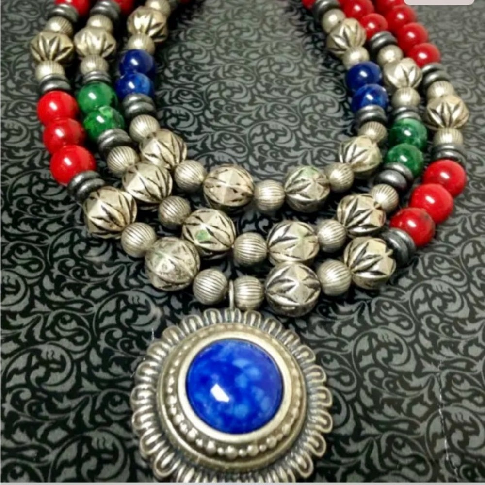 Vintage, Multi-Layer 3-Strands, Red, Blue, Green, Silver Beaded 16-inch Necklace