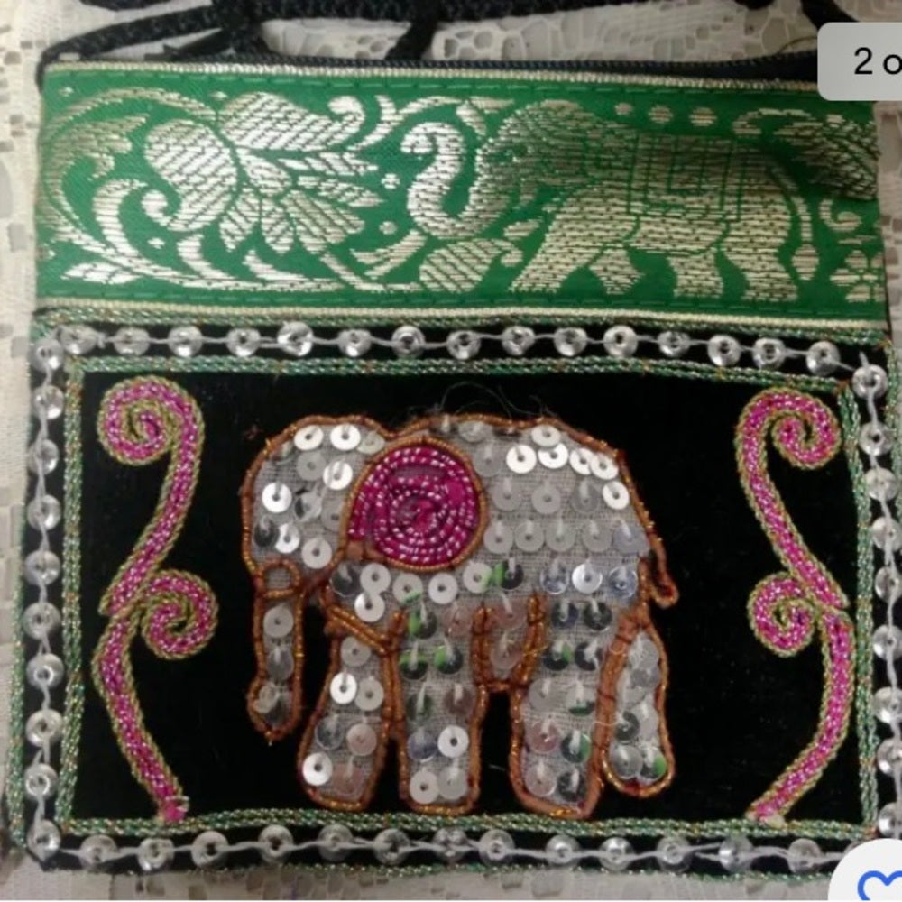 Green Sequined Elephant Coin Purse-Crossbody 5in x 4.5in