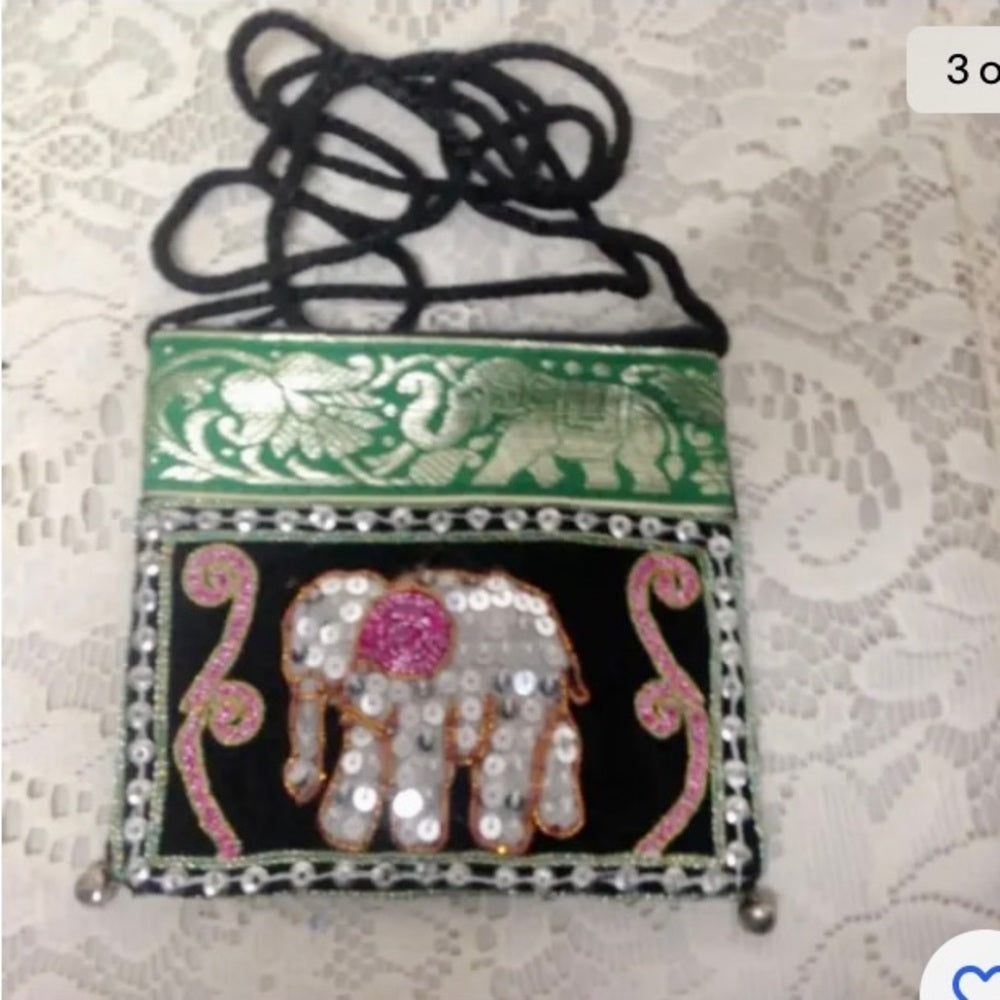 Green Sequined Elephant Coin Purse-Crossbody 5in x 4.5in