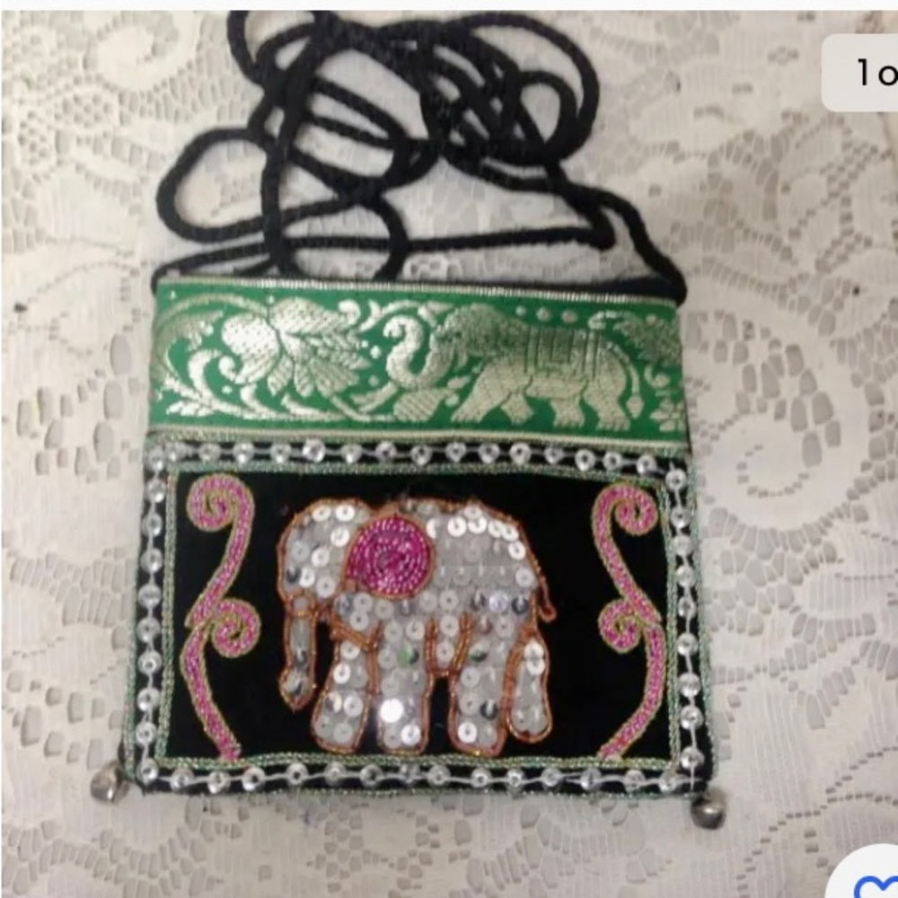 Green Sequined Elephant Coin Purse-Crossbody 5in x 4.5in