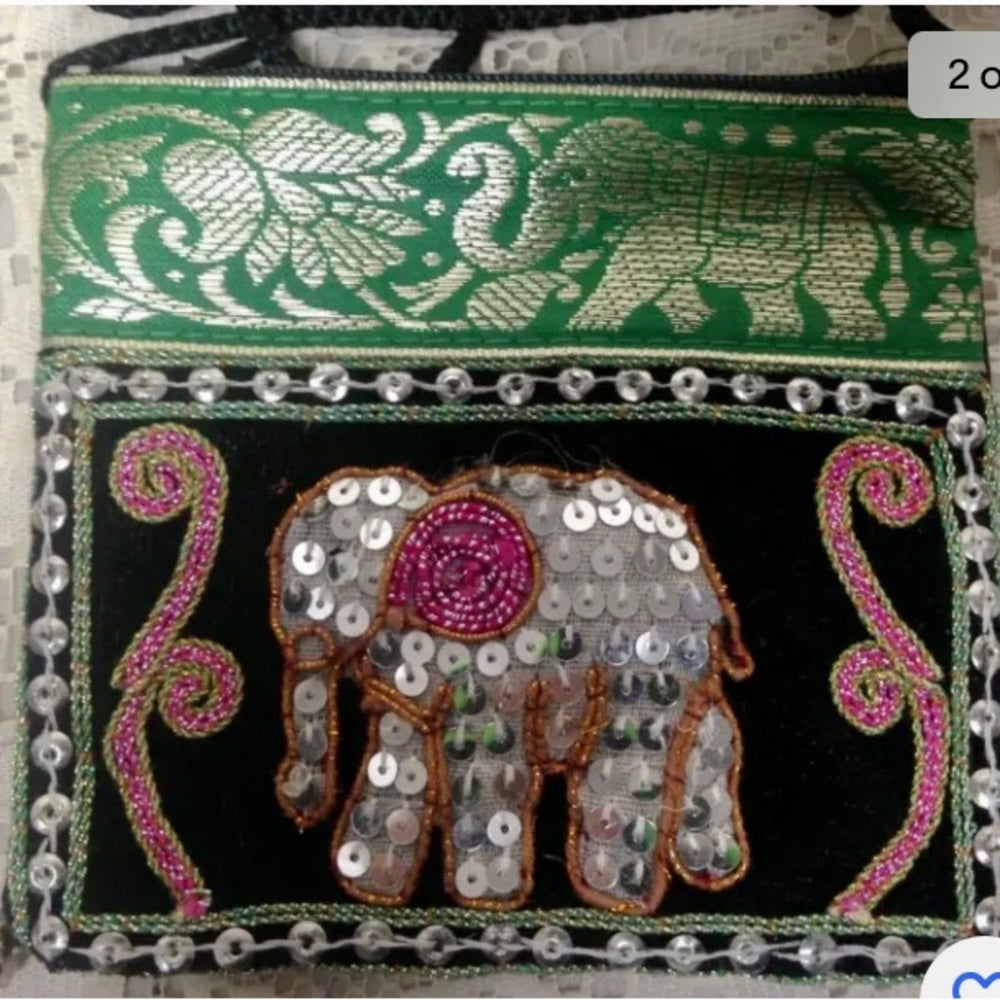 Green Sequined Elephant Coin Purse-Crossbody 5in x 4.5in