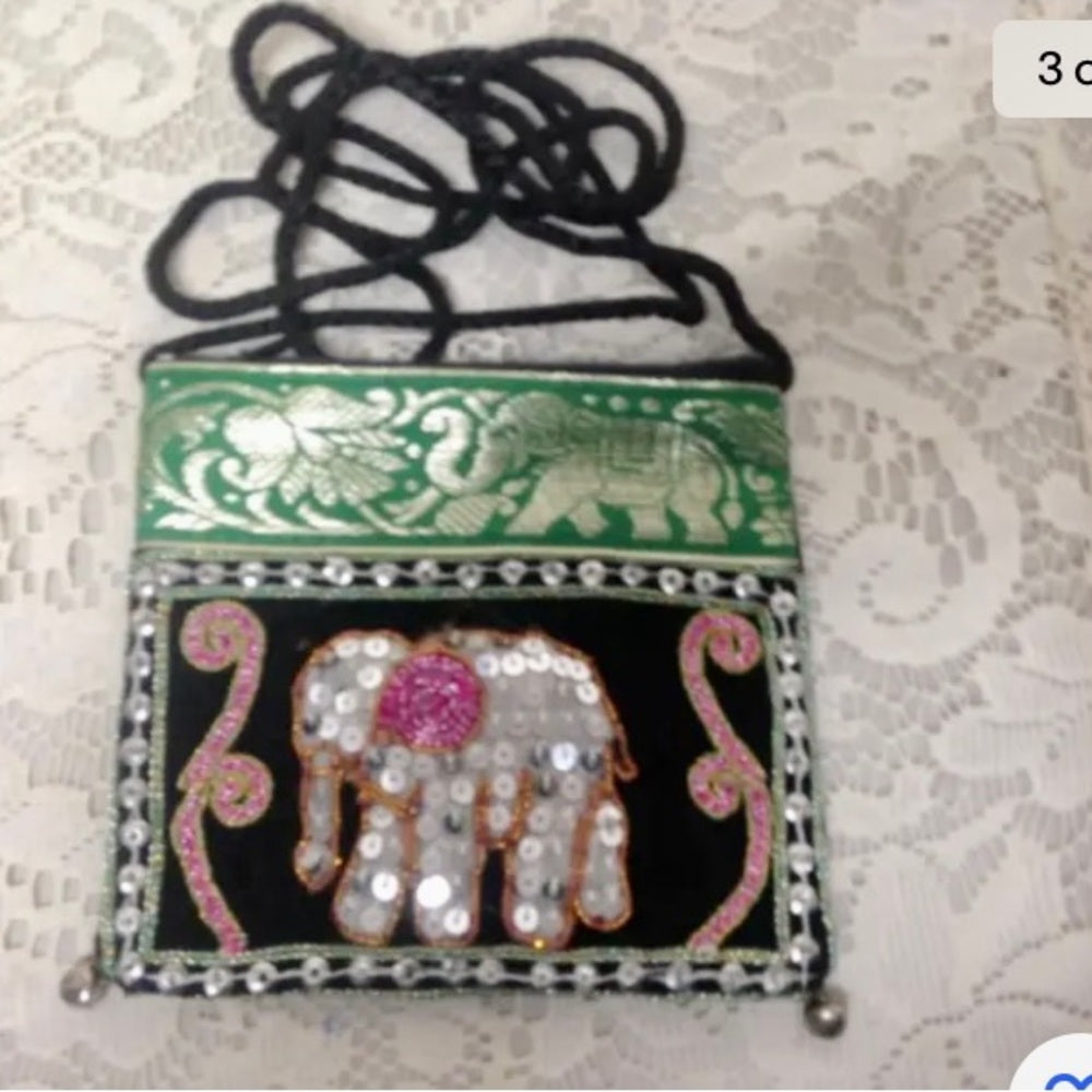Green Sequined Elephant Coin Purse-Crossbody 5in x 4.5in
