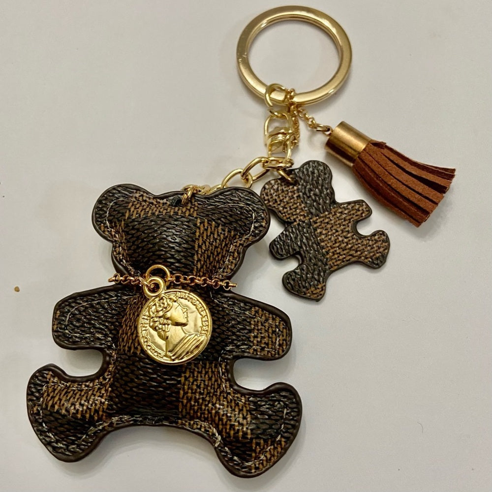 Stunning 6-inch Brown Plaid Bear Handbag Charm, Key Chain
