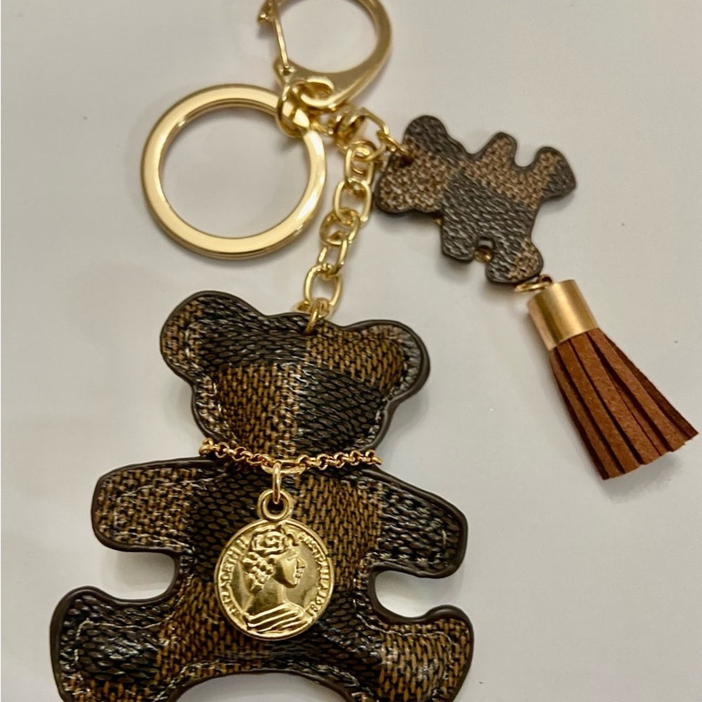 Stunning 6-inch Brown Plaid Bear Handbag Charm, Key Chain