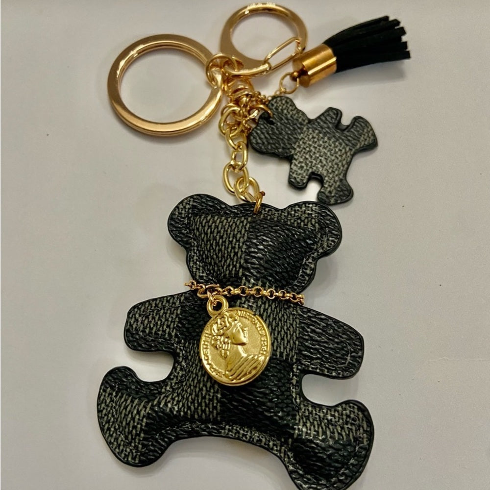 Stunning 3-Way, 6-inch Gray Plaid Bear Handbag Charm, Key Chain