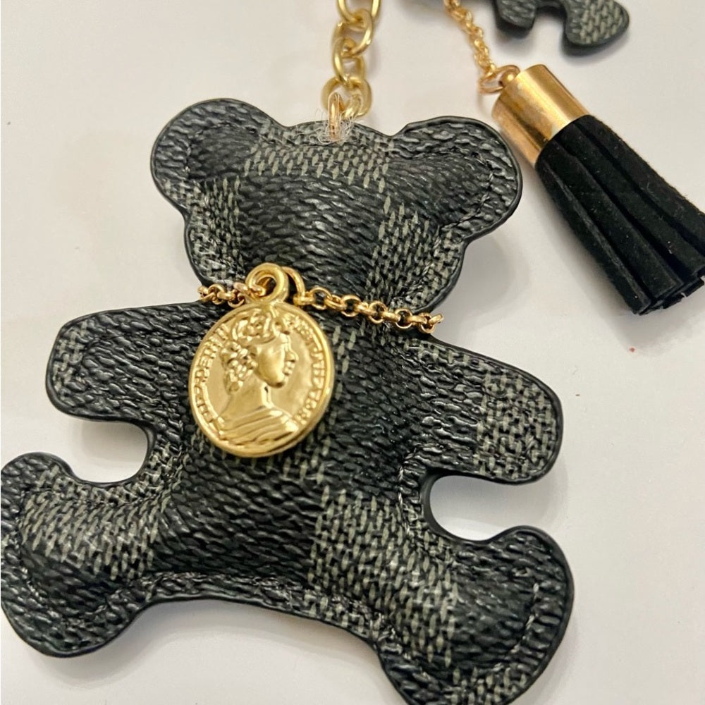 Stunning 3-Way, 6-inch Gray Plaid Bear Handbag Charm, Key Chain