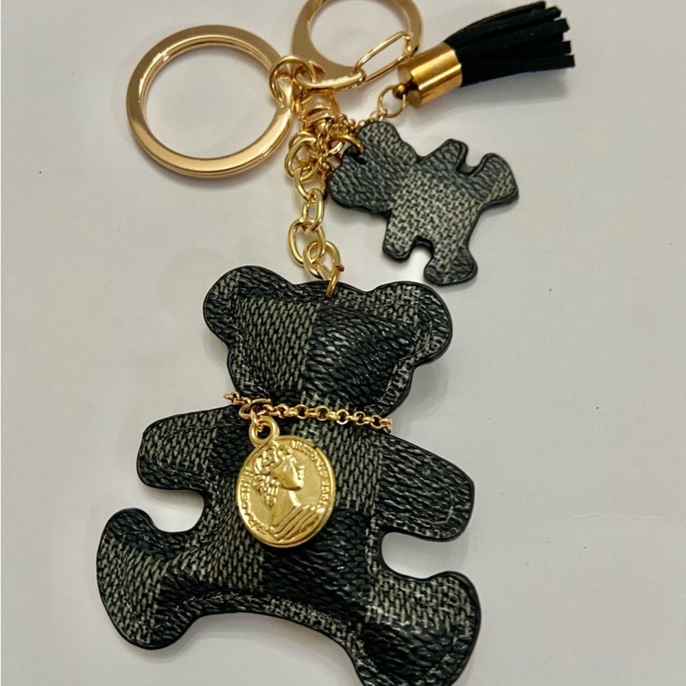 Stunning 3-Way, 6-inch Gray Plaid Bear Handbag Charm, Key Chain
