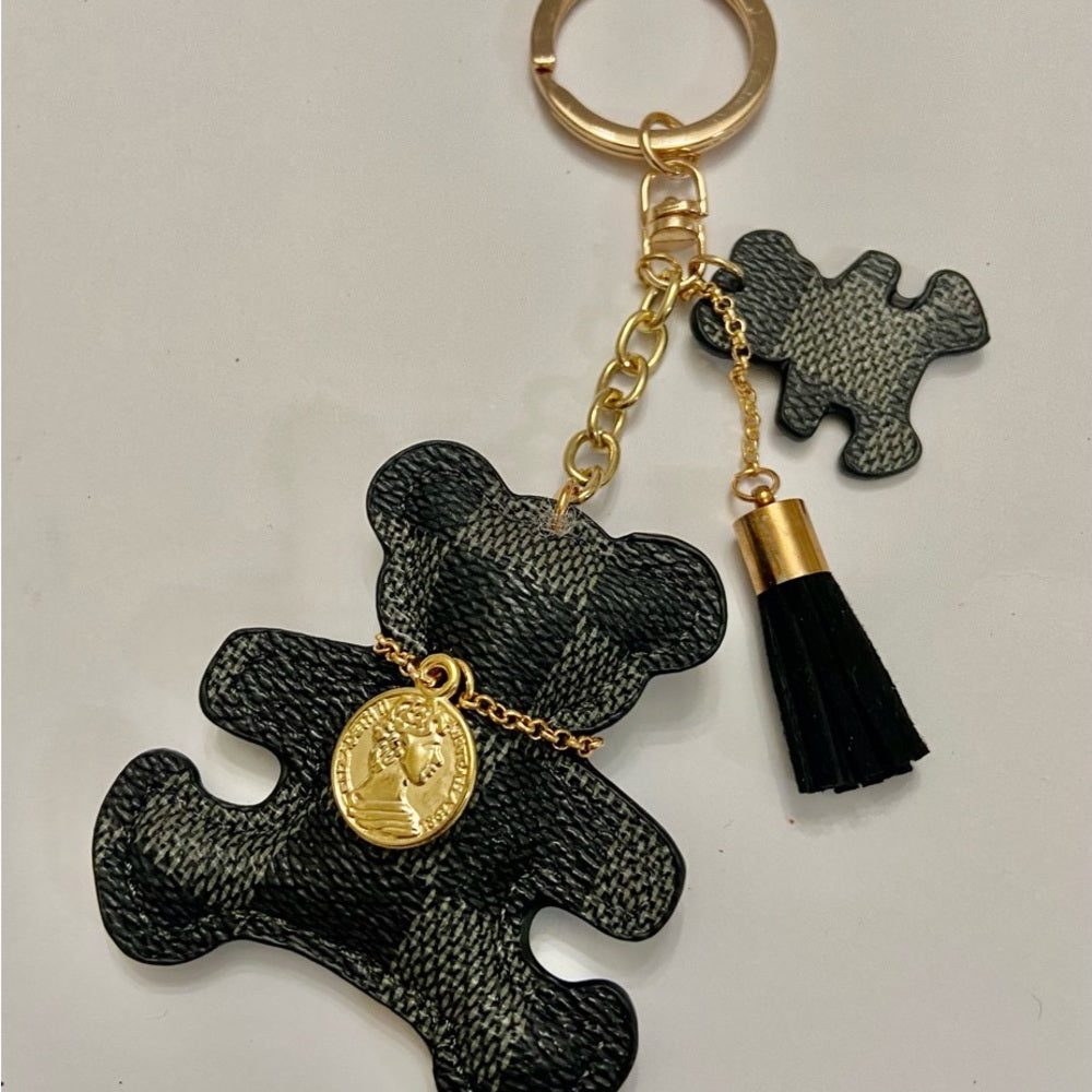 Stunning 3-Way, 6-inch Gray Plaid Bear Handbag Charm, Key Chain