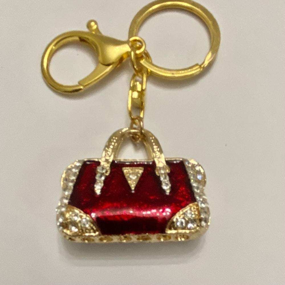2- Way Red Enamel Rhinestone Handbag Charm- Key chain