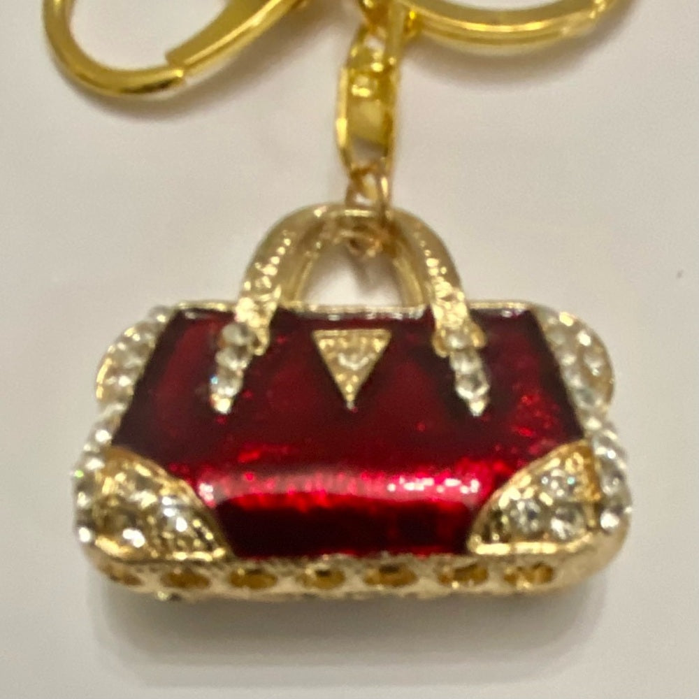2- Way Red Enamel Rhinestone Handbag Charm- Key chain