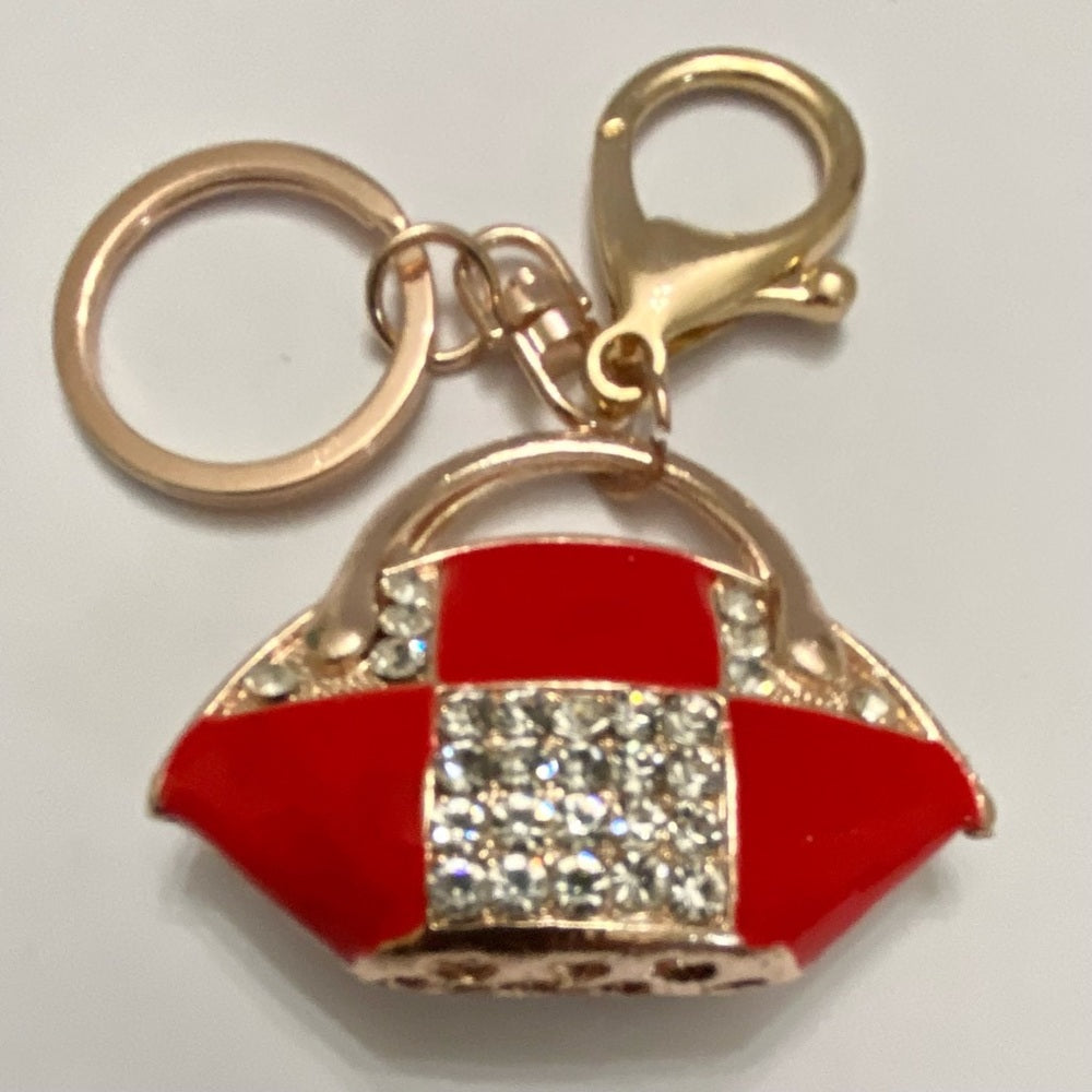 2-Way Red-White Enamel on Metal Handbag Charm- Key Chain
