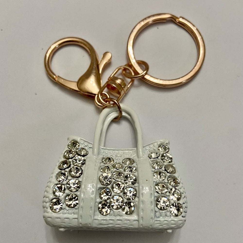 2-Way, White Enamel-Clear Rhinestone Handbag Charm- Key Chain
