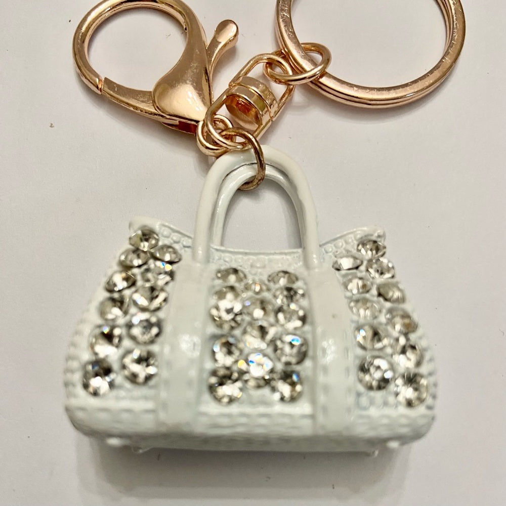 2-Way, White Enamel-Clear Rhinestone Handbag Charm- Key Chain