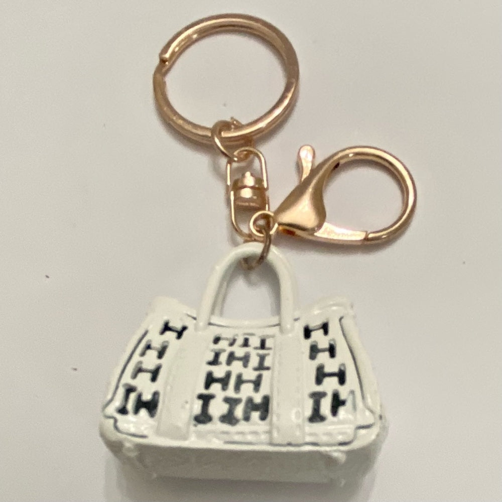 2-Way, White Enamel-Clear Rhinestone Handbag Charm- Key Chain