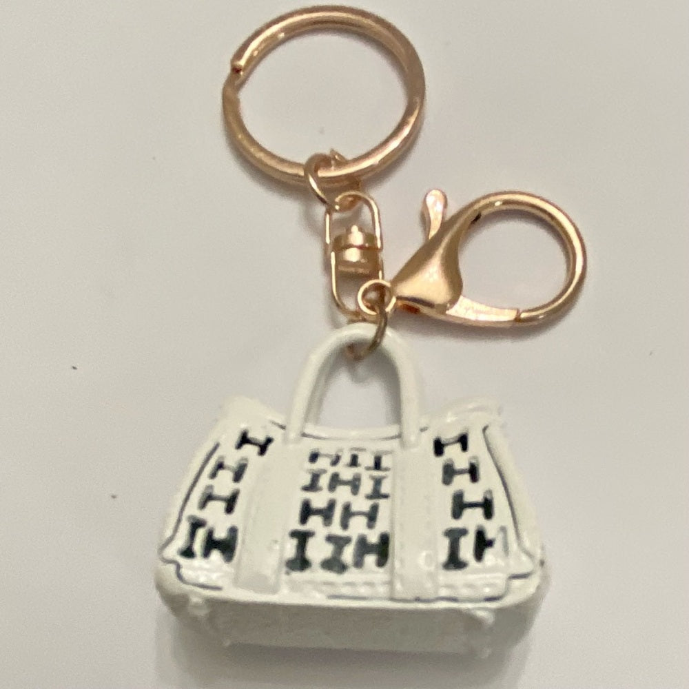 2-Way, White Enamel-Clear Rhinestone Handbag Charm- Key Chain