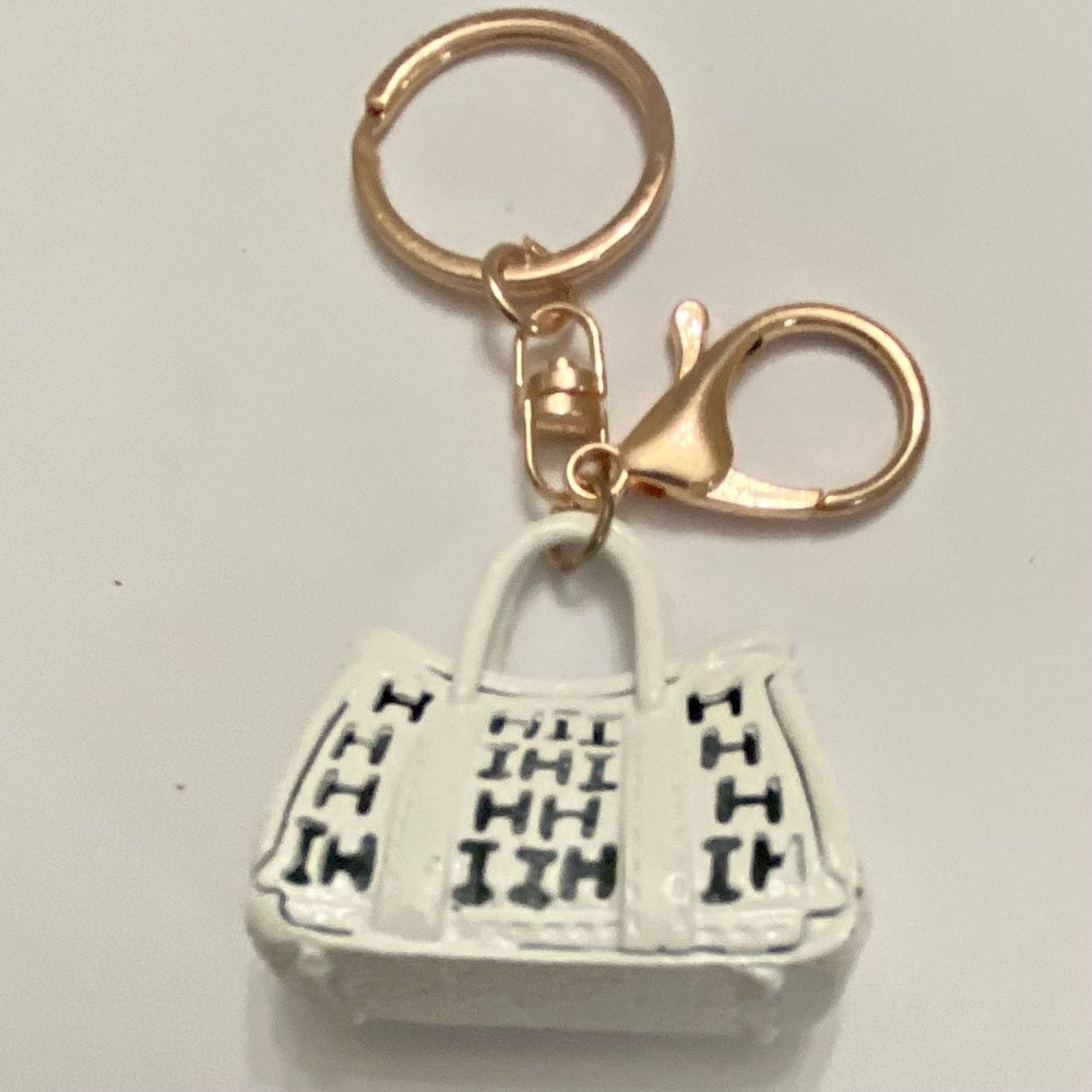 Stunning, 2-Way, White Enamel-Clear Rhinestone Handbag Charm-Key Chain (F1222)