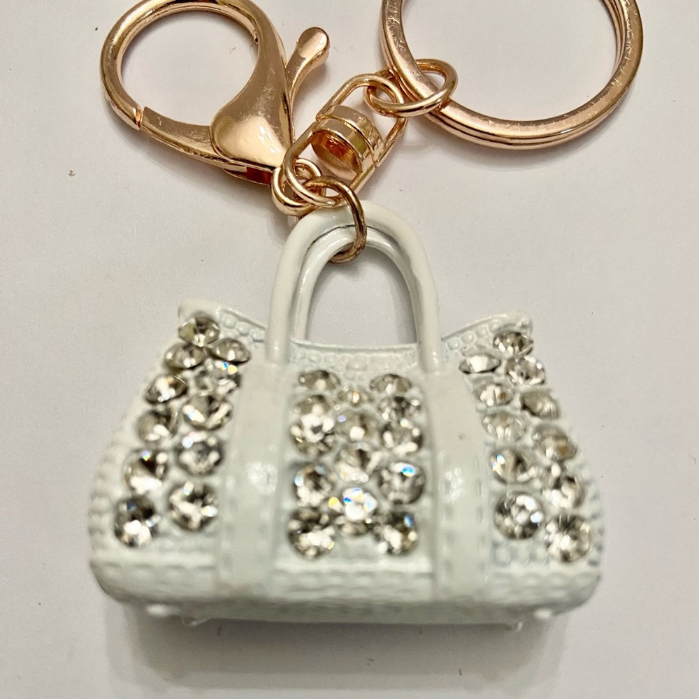 Stunning, 2-Way, White Enamel-Clear Rhinestone Handbag Charm-Key Chain (F1222)