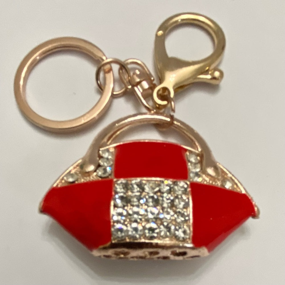 Stunning, 2-Way Red Plaid Enamel Rhinestone Handbag Charm -Key Chain
