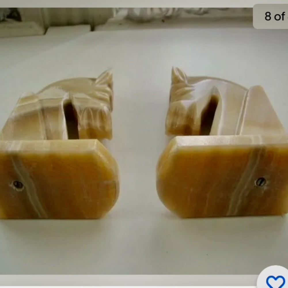 Vintage Pair of Greenish Beige Onyx Horse Bookends