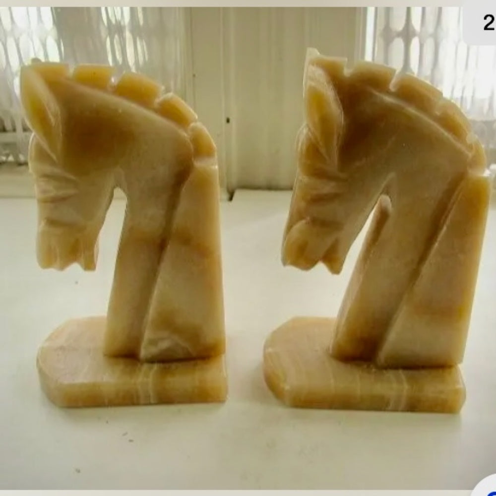 Vintage Pair of Greenish Beige Onyx Horse Bookends