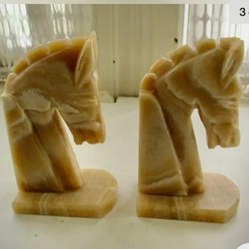 Vintage Pair of Greenish Beige Onyx Horse Bookends