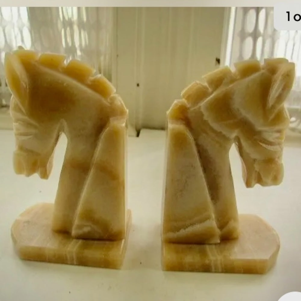 Vintage Pair of Greenish Beige Onyx Horse Bookends