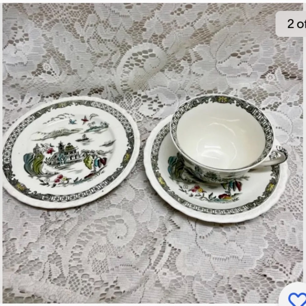 Vintage, Rare, Myott, England, Variant Polychrome Willow Trio Set