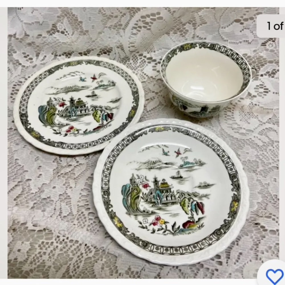 Vintage, Rare, Myott, England, Variant Polychrome Willow Trio Set