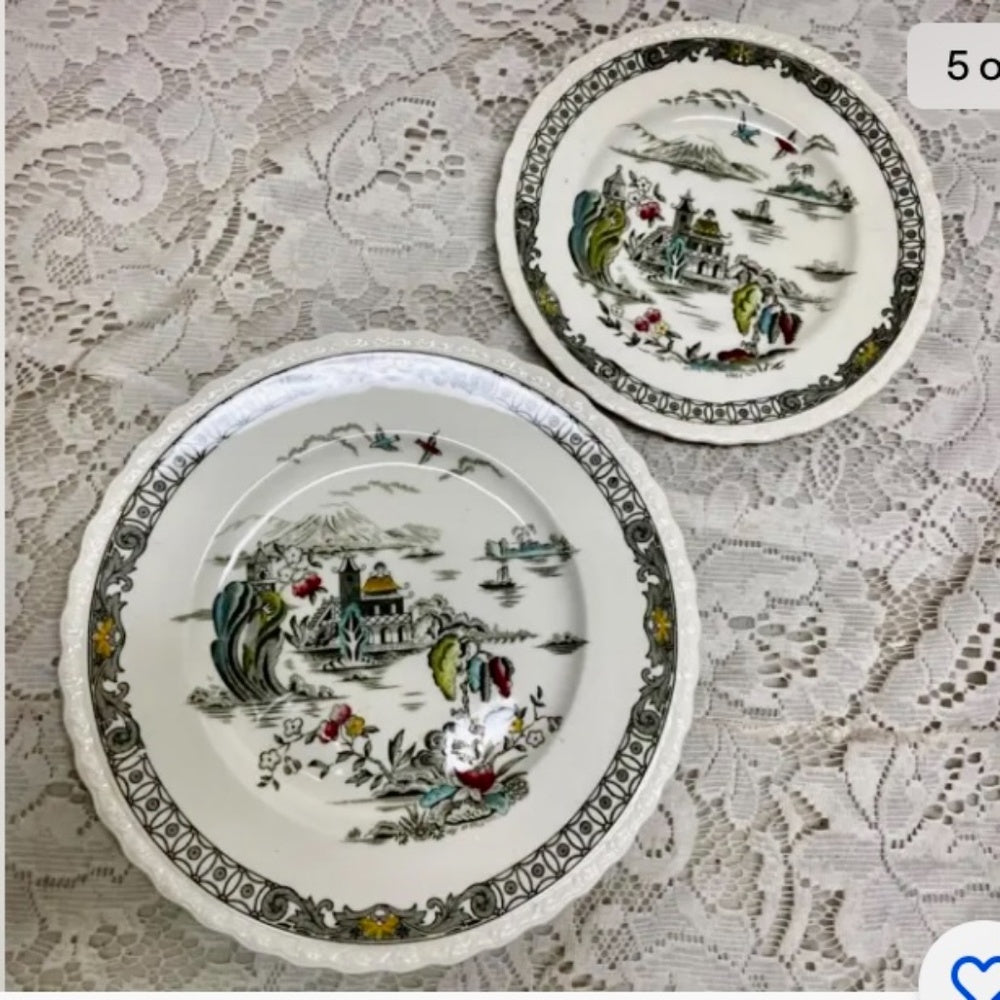 Vintage, Rare, Myott, England, Variant Polychrome Willow Trio Set