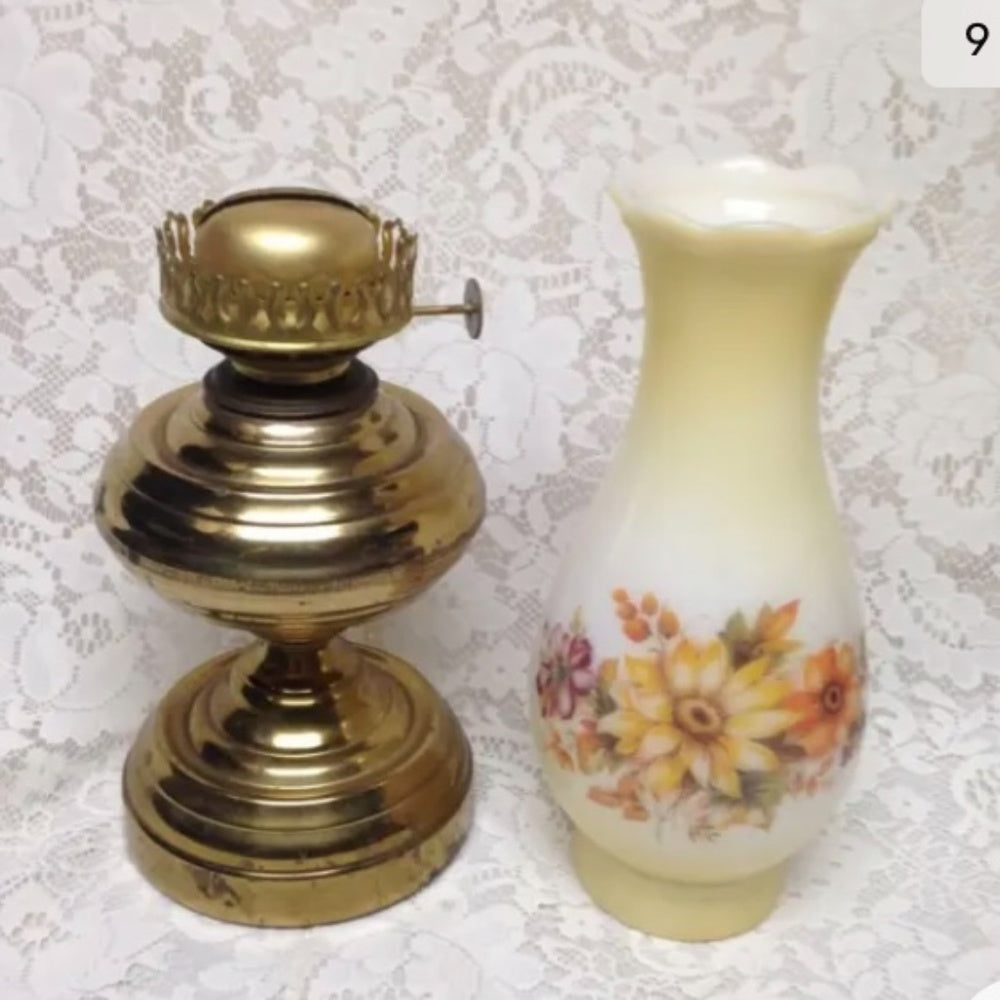 Brass Kerosene Lamp with Floral Milk Glass Chimney 18in x 10in