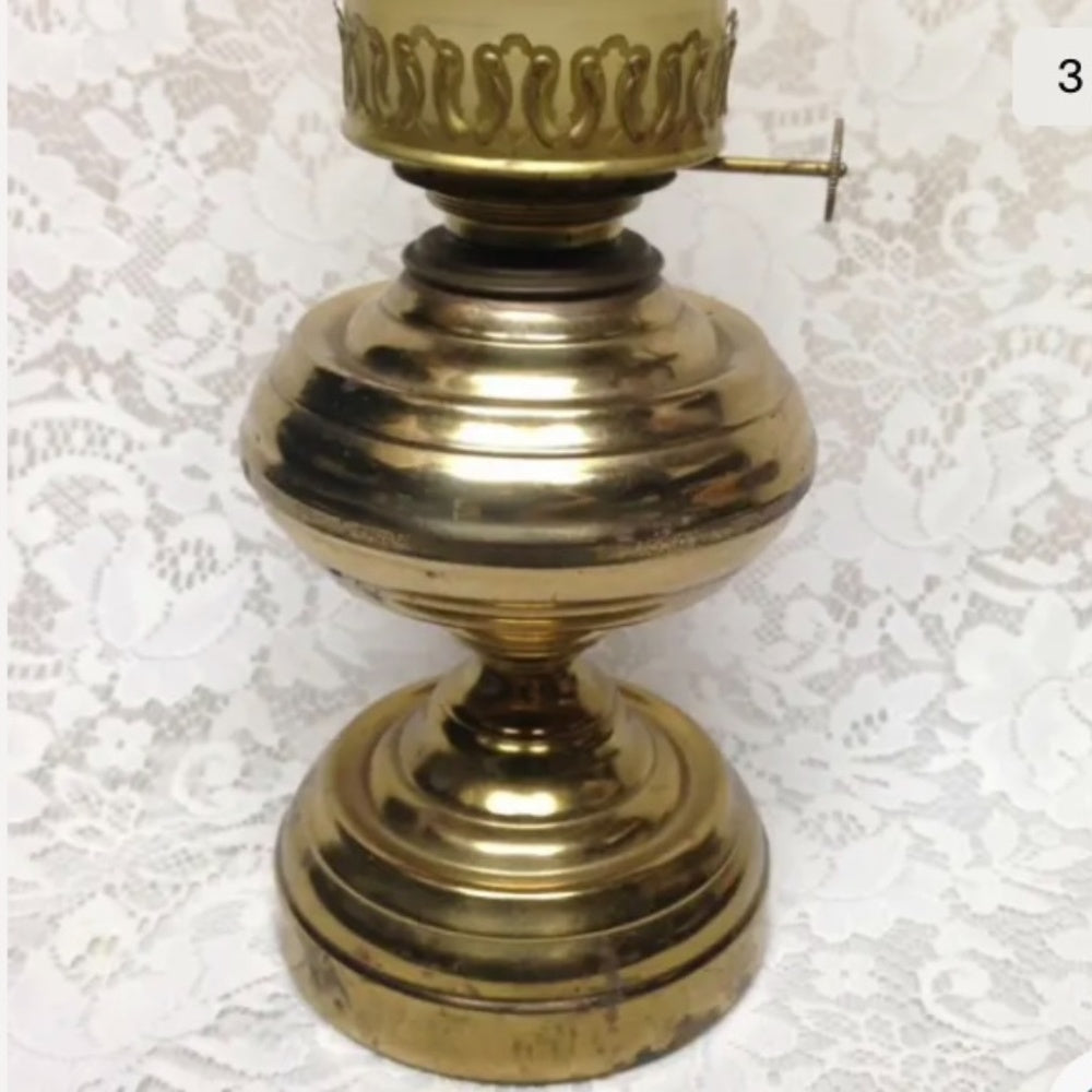 Brass Kerosene Lamp with Floral Milk Glass Chimney 18in x 10in