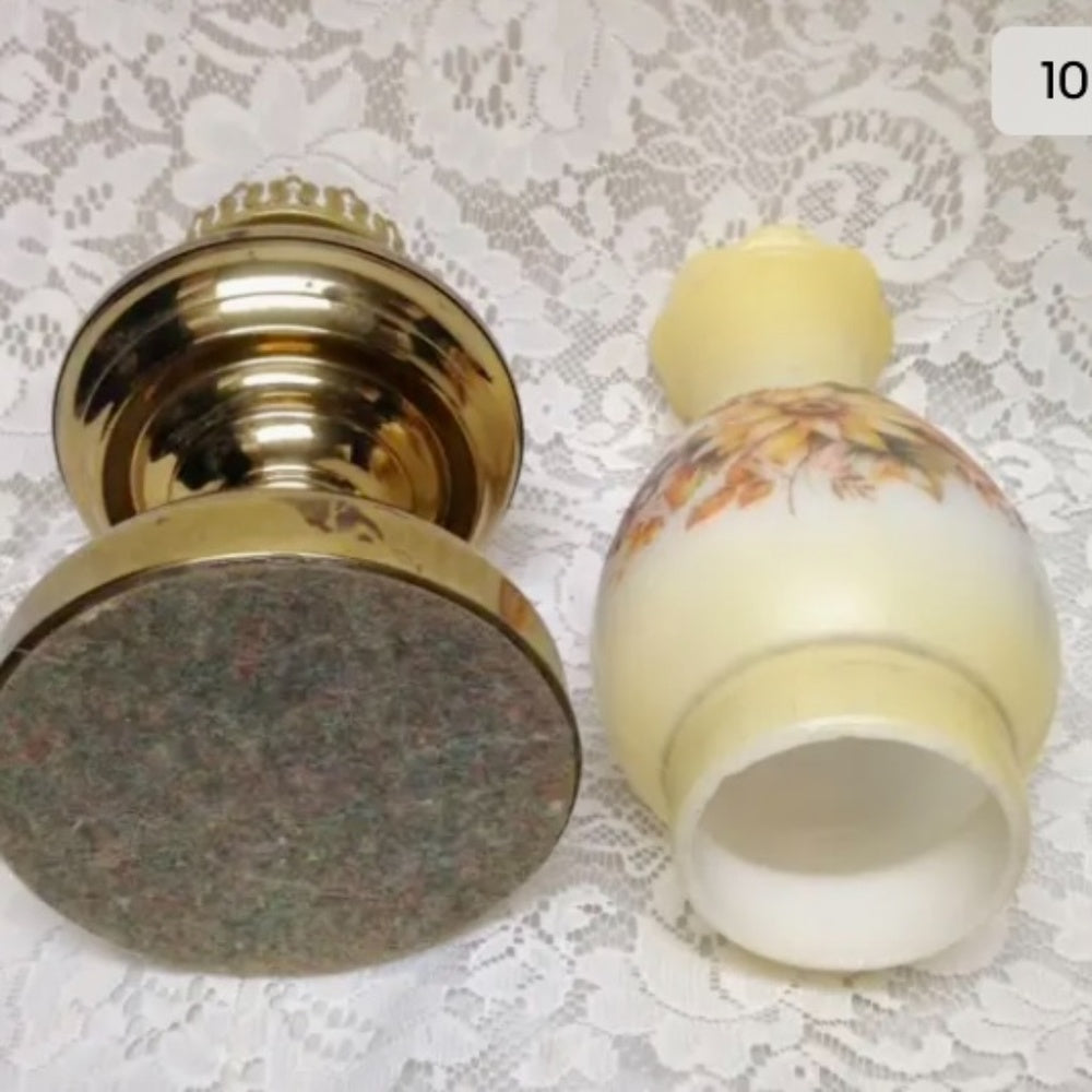 Brass Kerosene Lamp with Floral Milk Glass Chimney 18in x 10in