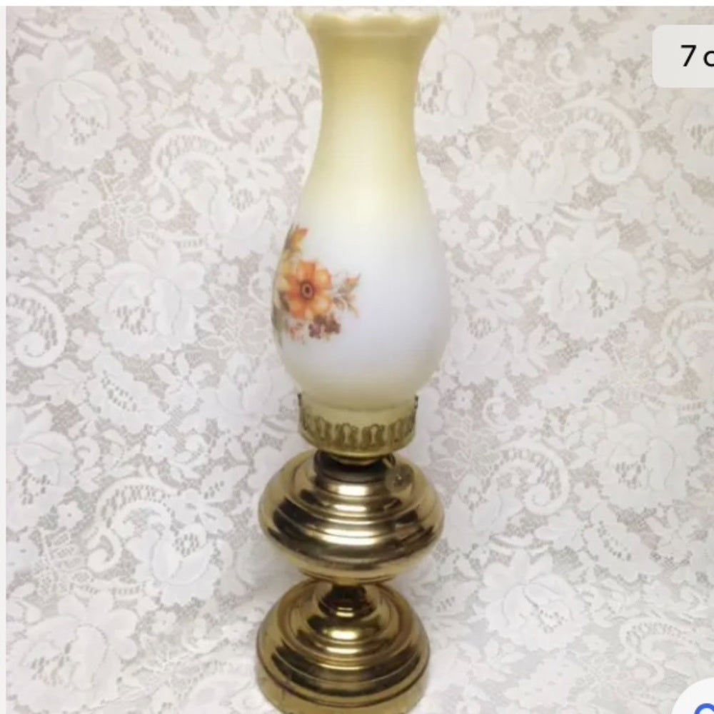 Brass Kerosene Lamp with Floral Milk Glass Chimney 18in x 10in