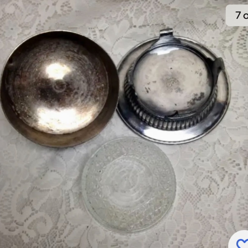 Antique, Pairpoint Mfg Co., 3pc Quadruple Silver-plated Butter Bow w/ Drain