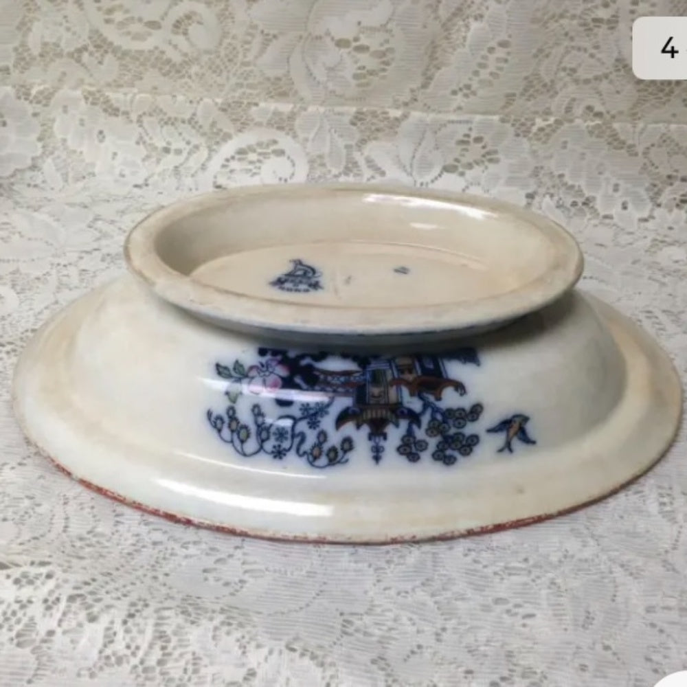Antique, Flow Blue Willow, E.M. Co., England, 11.5in x 8.5in Lidded Bowl-Tureen