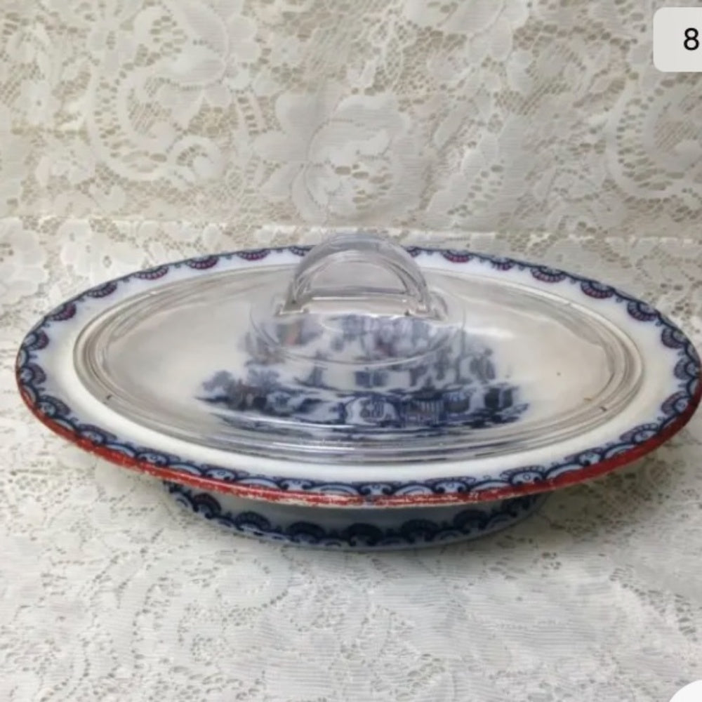 Antique, Flow Blue Willow, E.M. Co., England, 11.5in x 8.5in Lidded Bowl-Tureen