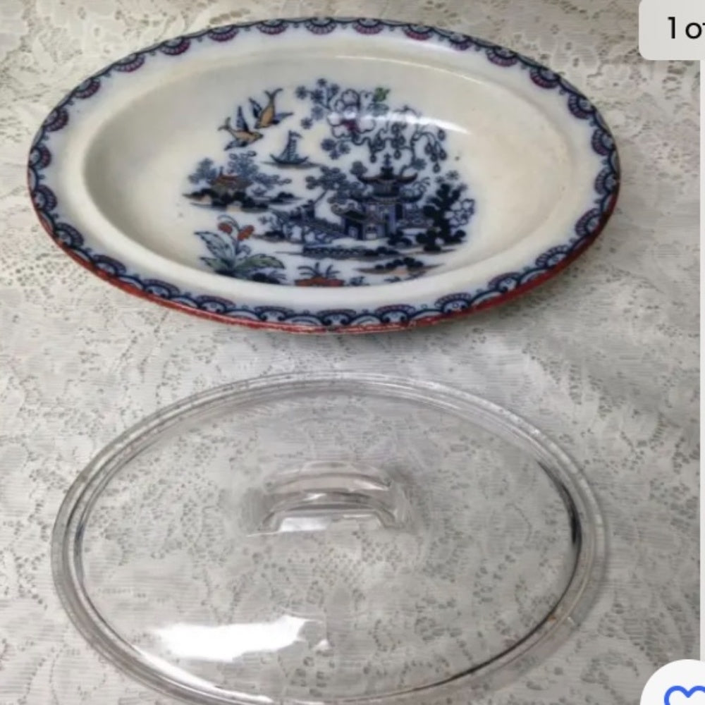 Antique, Flow Blue Willow, E.M. Co., England, 11.5in x 8.5in Lidded Bowl-Tureen