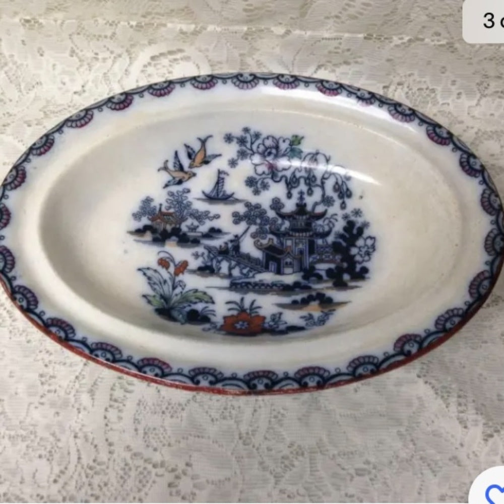 Antique, Flow Blue Willow, E.M. Co., England, 11.5in x 8.5in Lidded Bowl-Tureen