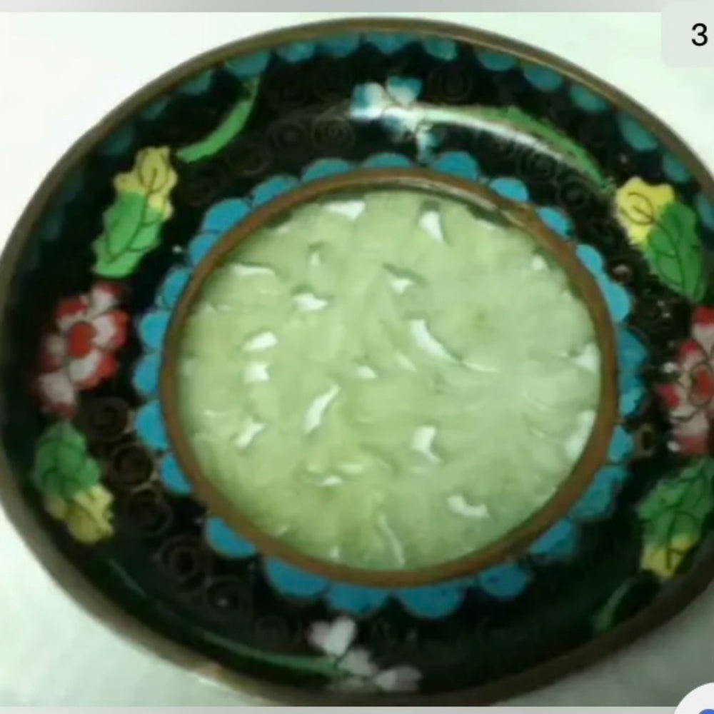 Antique, Elegant 4.25in Cloissone Plate with Inlay Carving and Stand