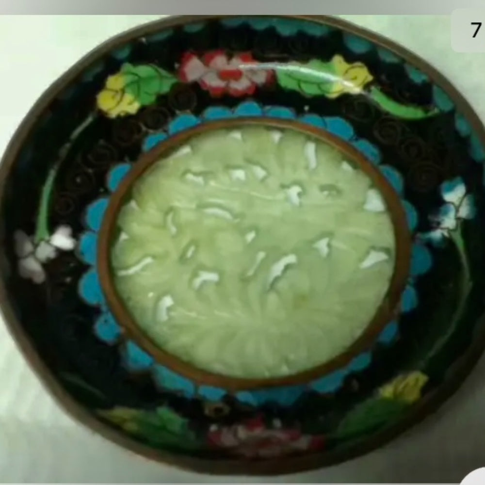 Antique, Elegant 4.25in Cloissone Plate with Inlay Carving and Stand
