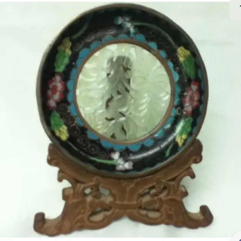 Antique, Elegant 4.25in Cloissone Plate with Inlay Carving and Stand