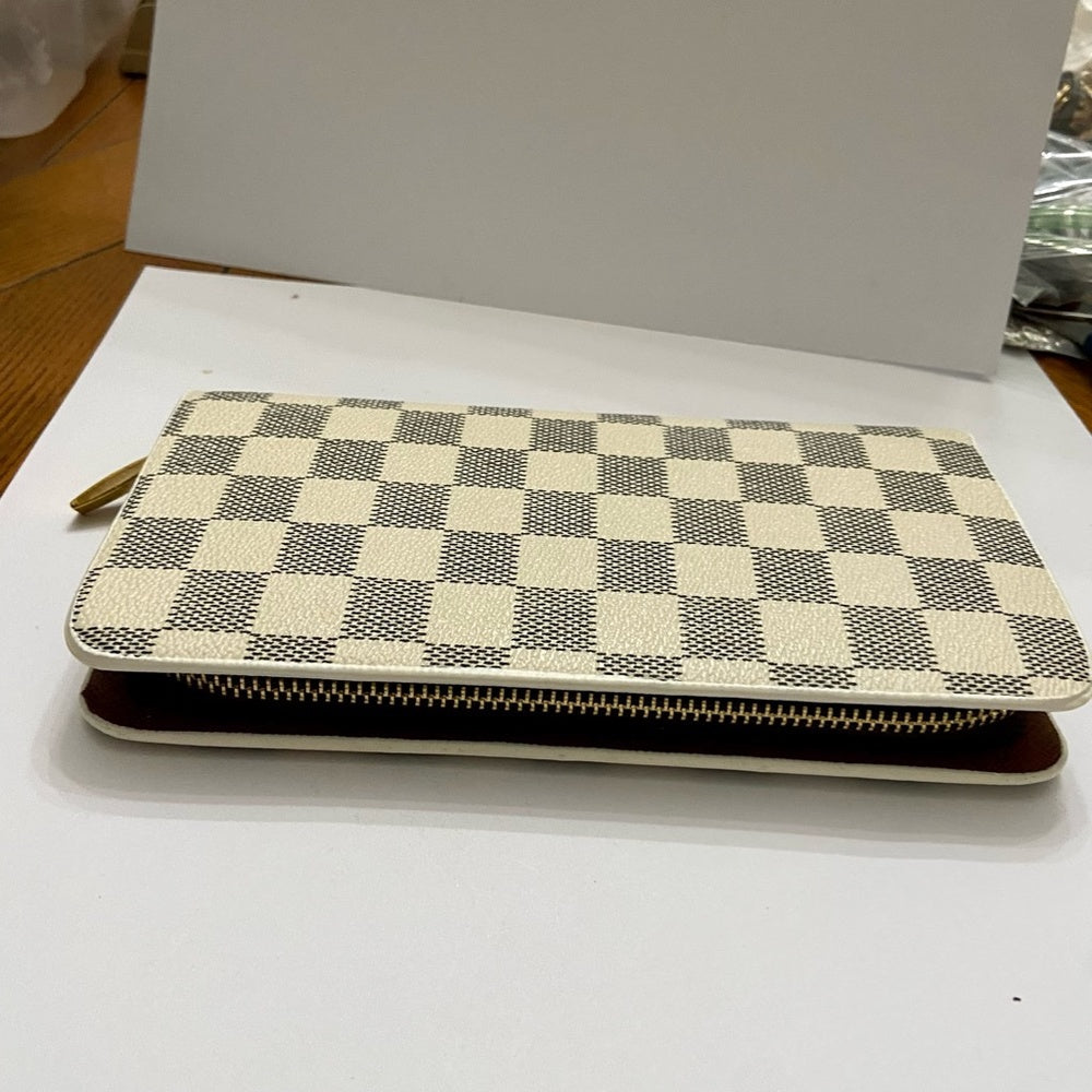 White and Blue Plaid Faux Leather Zippy Long Wallet 8in x 4in